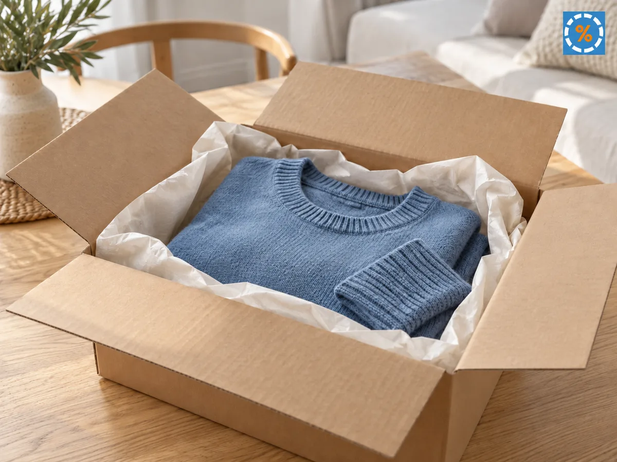 Anticiper les conditions de retour Pull bleu plié dans un colis en carton ouvert