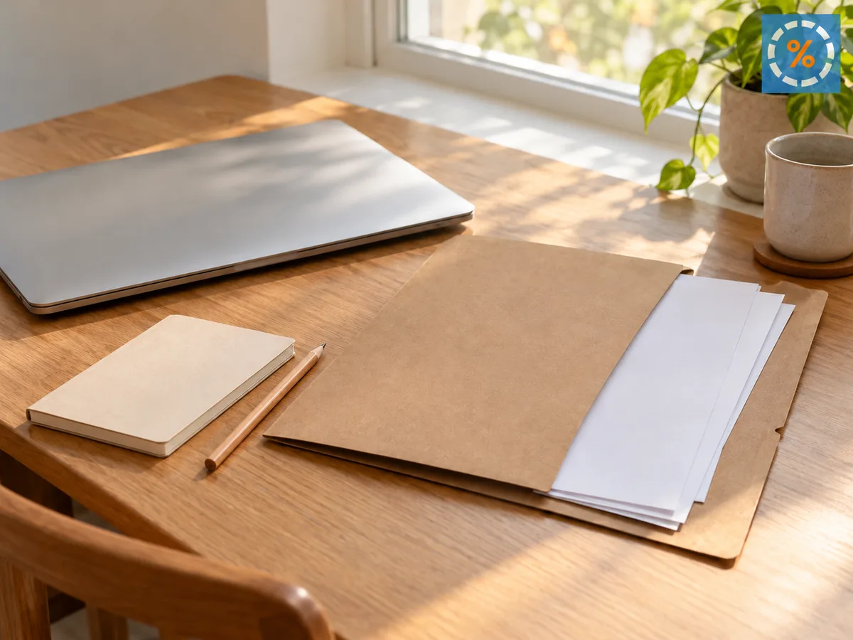 Dossier de feuilles blanches, carnet et ordinateur fermé sur une table