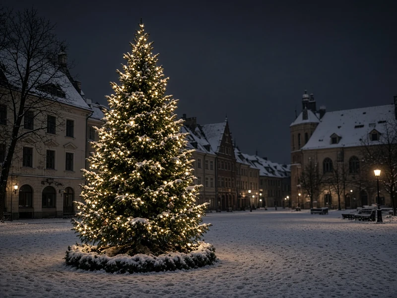 Grand sapin illuminé sur une place de vieille ville enneigée, de nuit