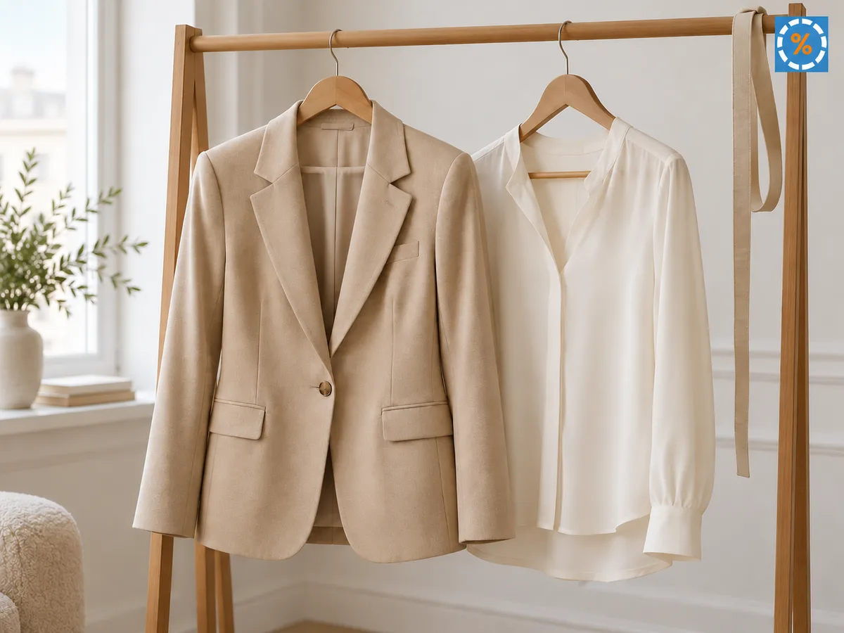 Comparer les coupes avant de choisir Veste beige et chemisier ivoire sur un portant en bois
