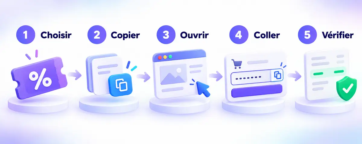 Les 5 étapes pour utiliser un code promo Higgsfield : choisir, copier, ouvrir, coller, vérifier