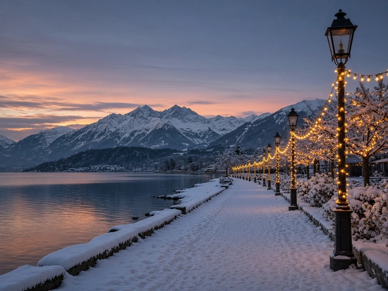 Promenade au bord d'un lac, bordée de lampadaires et de guirlandes sous la neige, avec des montagnes au loin