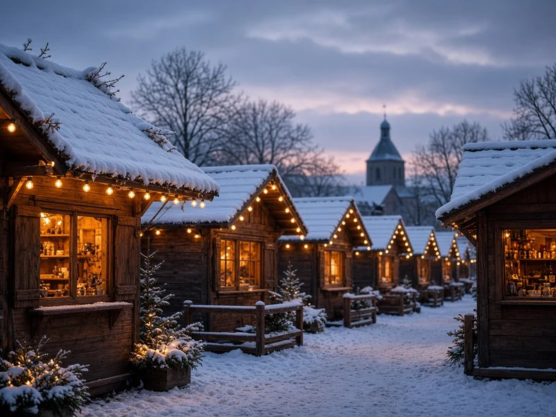 Chalets en bois illuminés d'un marché de Noël sous la neige
